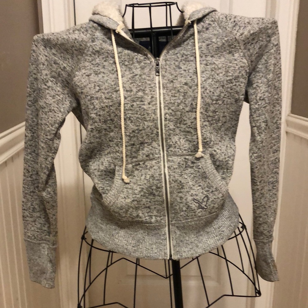 American Eagle Gray Zip-Up Hoodie with White Fur Lined Hood